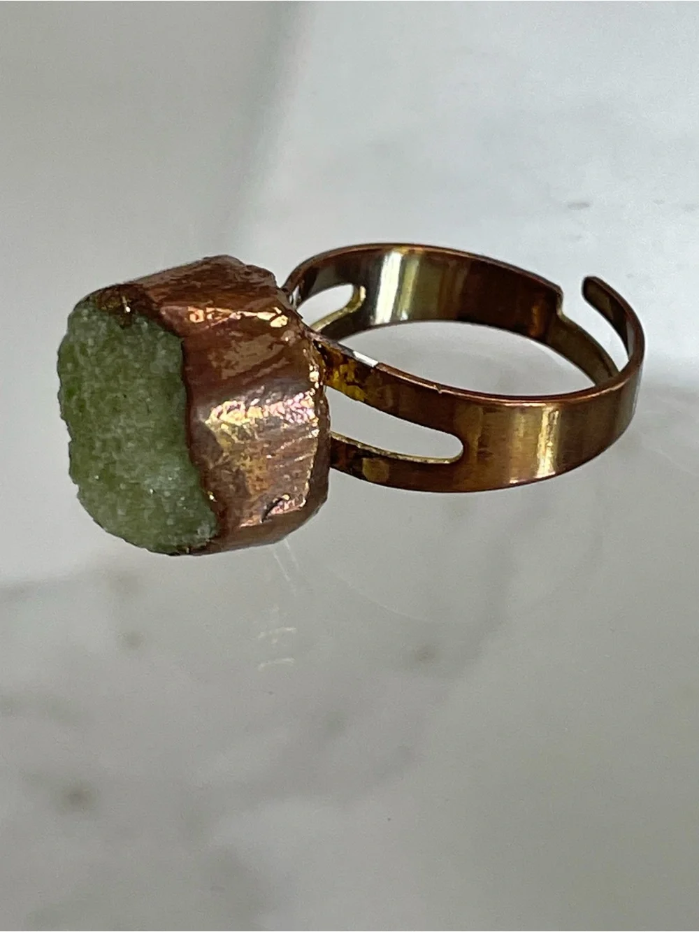 Raw Pale Green Druzy Geode Crystal Cooper Statement Ring